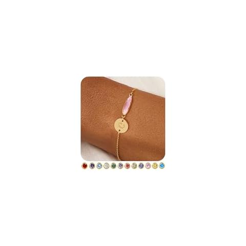 FUNEIA Birthstone Initial Gold Bracelets for Women Trendy Non Tarnish Dainty 14K Gold Plated Bracelet Stack Cute Cursive Letter Stackable Bracelets Gold Jewelry Birthday Gifts for Women Bridesmaid Cover