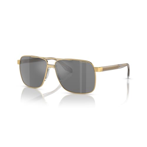 Versace VE2174 スクエアサングラス メンズ + デザイナーiWearケアキット付きバンドル, ゴールド/ダークグレーミラーシルバーポーラー。, 59