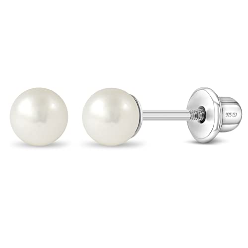 925 Sterling Silver Classic White Freshwater Cultured Pearl Toddler Earrings 3mm, 4mm & 5mm Screw Back Earrings - Simple Freshwater Cultured Pearl Earrings For Young Girls Religious Events