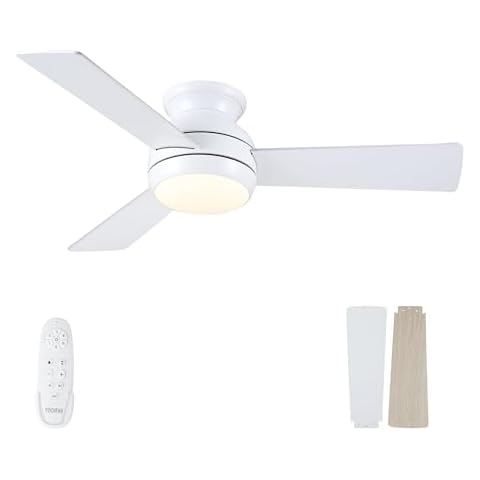 POCHFAN 42 Inch White Ceiling Fans with Lights and Remote, LED Low Profile Flush Mount Ceiling Fan for Bedroom, Living Room, Patio, with Quiet DC Motor, Dimmable 6 Speeds Cover