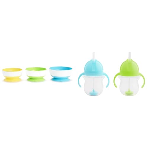 Image of Munchkin® Stay Put™ Suction Bowls for Babies and Toddlers, 3 Pack, Blue/Green/Yellow & Any Angle™ Weighted Straw Trainer Cup with Click Lock™ Lid, 7 Ounce, 2 Count (Pack of 1), Blue/Green