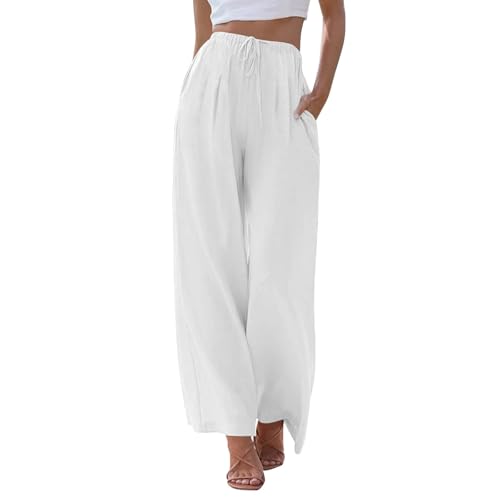Linen Pants Women,Casual Pants Trendy Wide Leg High Waisted Cotton Linen Drawstring Summer Trouser with Pockets