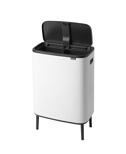 Image of Brabantia Bo Hi Touch Top Kitchen Trash Can with Dual Compartments & Raised Legs | White | 2 x 8 Gal Inner Buckets | Soft-Close, Light Touch Opening, Stay-Open Lid | + Trash Bags