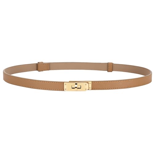 Women Brown Skinny Leather Belt Solid Color Adjustable Thin Belt Alloy Turn Lock For Jeans Dresses