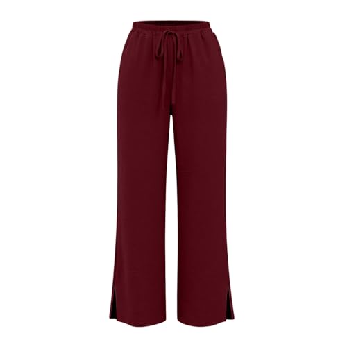 Pantalon en lin femme large décontracté fluide avec poches et fente