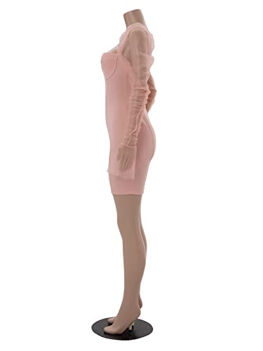 Image of Uni Clau Women Sexy Mesh Sheer Puff Long Sleeve Mini Dress Bodycon Deep V Neck Patchwork Party Clubwear Dress