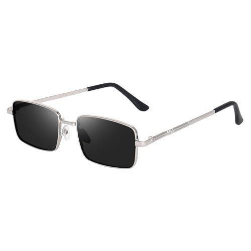 Image of Classic Rectangular Metal Frame Sunglasses, Silver Frame with Black Lenses, UV Protection