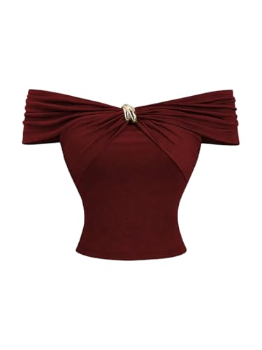 Verdusa Women's Off The Shoulder Tops Y2k Crop Tops Ruched Short Sleeve Slim Fitted Shirt
