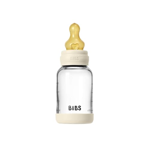 Image of BIBS Glass Baby Bottle, 120 ml, 1-Pack, Natural Rubber Nipple, Ivory