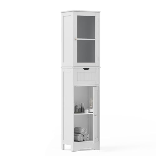Image of LOKO 67” Tall Bathroom Storage Cabinet with 2 Doors & 1 Drawer, Modern Floor Cabinet with Adjustable Shelves & Frosted Glass Door, Narrow Linen Tower Cabinet for Bathroom Living Room (White)