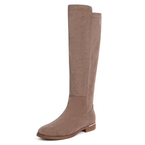 Image of Modatope Rounded Toe Flat Stretchy Dress Knee High Boots Side Zipper | Suede Elastic Fall Winter Boots, Low Chunky Block Heel Riding Boots,2026 Fashion Womens Tall Long Boots