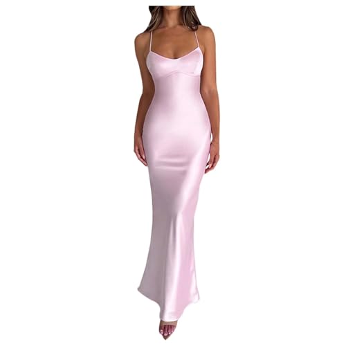 Schwarzes Enges Kleid Rückenfreies Spaghettiträgerkleid aus Satin, sexy, ärmelloses Midikleid mit Schnürung an der Taille und schlankmachender...