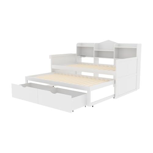 REXO Sofá cama 90 x 200, cama nido 90 x 190 cm, con dos cajones, gran compartimento de almacenamiento y cesta de almacenamiento, enchufe USB, cama individual de madera, color blanco - imagen 9
