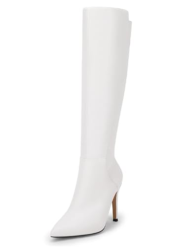 Rilista Womens Knee High Boots Sexy Pointed Toe Stiletto Heel Boot Leather Zipper Dress Shoes, White, Size 8