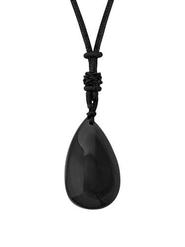 MINACHI Black Obsidian Teardrop Pendant Necklace with Braided Cord, Fashion Statement Jewelry Gift for Men and Women