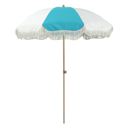 Tempera 7ft Boho Beach & Patio Umbrella with Fringe, Market Umbrellas with UPF 50+ UV & Water-Resistant Canopy, 1.5" Wood Pole & Button Tilt.