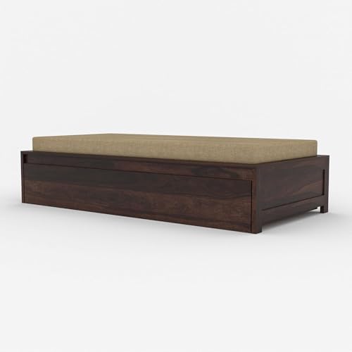 Image of Wooden Single Size Bed with Mattress for Living Room, Drawing Room & Bedroom | Space Saving Wooden Cot /Palang /Diwan with Trundle Drawer Storage | Solid Sheesham Wood | Walnut Finish