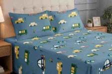 Image of Kids Cotton Bedsheet Set, Blue, Car Print, Soft 7D Printed, for Boys