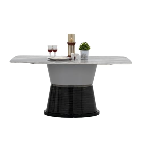 Image of Royaloak Lucca Italian Marble Dining Table | 5D Printed Natural Stone Top | Rounded Corners & Curved Edges | Hourglass Base with Leatherette Detail | 6 Seater Dining Table | Italian Collection