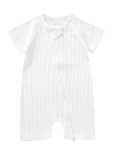 [Libaby] ベビー ロンパース ジップロンパース べビー服 ファスナー 半袖 ジップ 新生児 カバーオール 夏用 コットン 綿 (ホワイト, 80)
