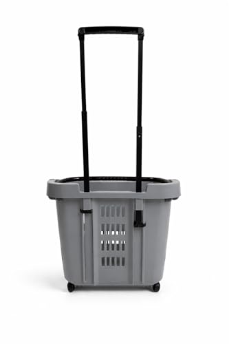 Cesta de la compra rodante de 31 litros con ruedas y mango telescópico, cesta apilable de plástico para venta al por menor, carrito resistente (gris) - Perfecto para comestibles y compras