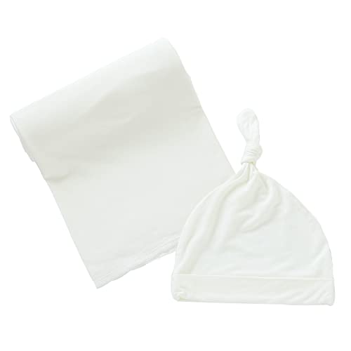 Image of iEvolve Cotton Knitted Baby Swaddle Blanket with Hat Headband Set Newborn Swaddle Wrap Receiving Blankets for Baby Girl Boy 35" x 35"(White)