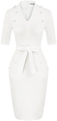 GRACE KARIN Women Vintage Short Sleeve Slim Fit Belted Business Pencil Dress Ivory Medium