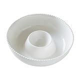 Ausomen 11'' Ceramic Chip and Dip Tray, Middle Size Divided Serving Set for Parties, Mixing Bowl Sets for Salsa, Snack, Veggies, Dumpling, Fruit, Salad, Fruit, Entertaining, Hosting, Ivory White