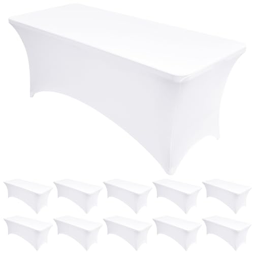 fani 10 Pack Fitted Spandex Tablecloths, 6ft Spandex Table Cover for Rectangular Folding Table, Wrinkle Resistant Table Clothes Washable Stretch Patio Table Cover for Banquet, Wedding, Parties(White)