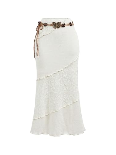 Milumia Women's Y2K Summer Boho Bodycon Long Skirts Crochet Knitted Lettuce Trim Midi Skirt with Belt