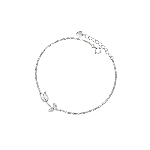 Opal Tulip Anklets Solid 925 Sterling Silver Cubic Zirconia Flower Charm Ankle Bracelet Dainty Non Tarnish Jewelry Gift for Women Teen Girls Summer Beach, Silver