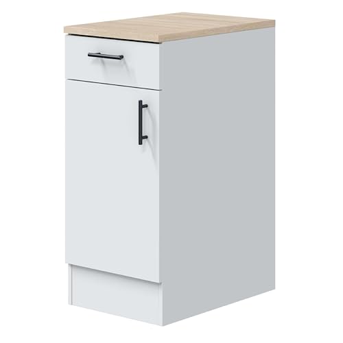 Bricohabitat Módulo Inferior Cocina Estrecho Moderno Kira 1 Puerta 1 Cajón Blanco Brillo Y Roble Canadian 40x90x60 Cm