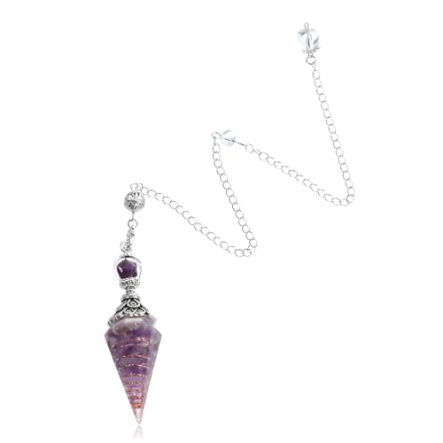 Qianyu Resina amatista péndulo hexagonal piedras preciosas péndulo cristal piedras curativas ornamentos cono colgante cadena para adivinación brujería ceremonia Reiki curación brujería meditación