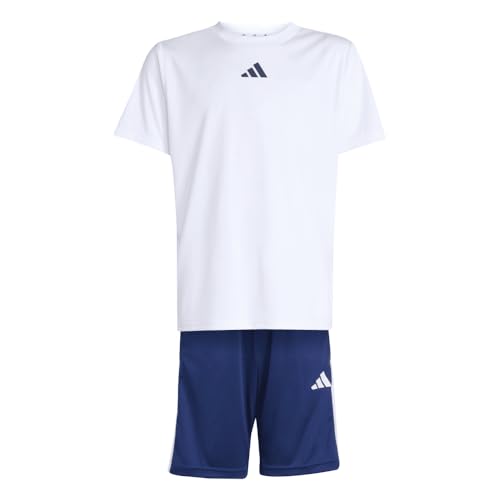 [アディダス] 上下セット トレイン エッセンシャルズ 3ストライプス 半袖Tシャツセット キッズ KQH01 Top : ホワイト/ダークブルー Bottom : ダークブルー/ホワイト (JJ1030) J150