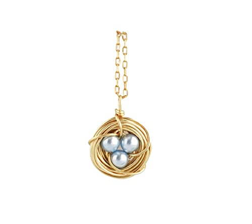 Bird Nest Necklace Pendant With Blue Pearl Eggs