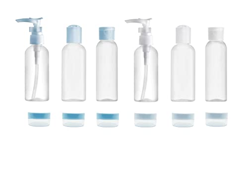 Botellas de viaje vacías de 100 ml – Kit de aseo para avión que contiene 6 botellas para gel de ducha, agua micelar, desmaquillante, champú + 6 tarros para cremas y cosmeticos faciales, manos y ojos