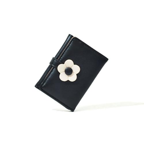 Women Cute Small Wallet Tri-Folded Wallet With Flowers Pu Leather Print Card Holder Coin Purse-Black