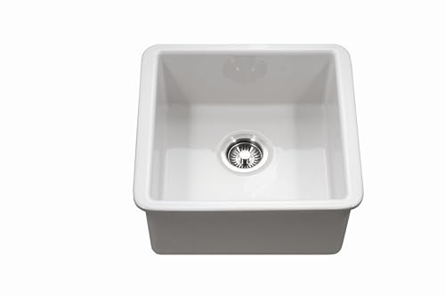 Houzer PTB-2020 WH Platus 20 inch Fireclay Kitchen Sink, Undermount, Square Single Bowl Bar Sink, Non Porous Surface Impervious to Cracks and Chips, White