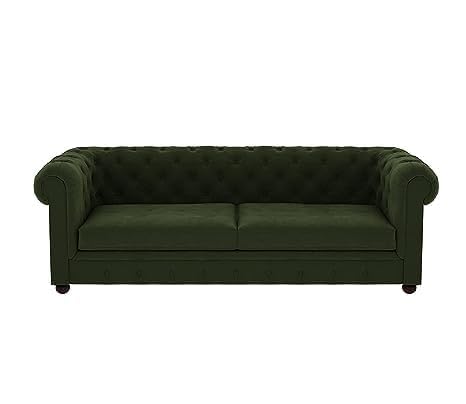 Image of Solid Wood Velvet Fabric L Shape Sofa Sofa for Living Room Button Tufted Sofa Chair for Home & Office (Left Aligned L-Shaped (3 Seater Green)
