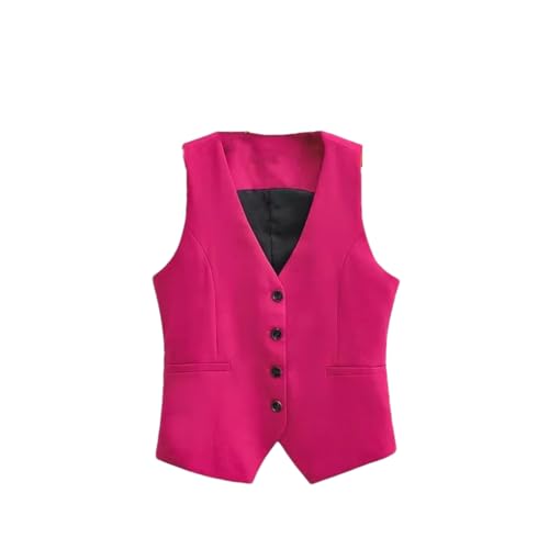 REHJJDFD Colete de fato para mulher com decote em V e botão simples, vermelho-rosa, justo, curto, assimétrico, fino, sem mangas, Fúcsia, S