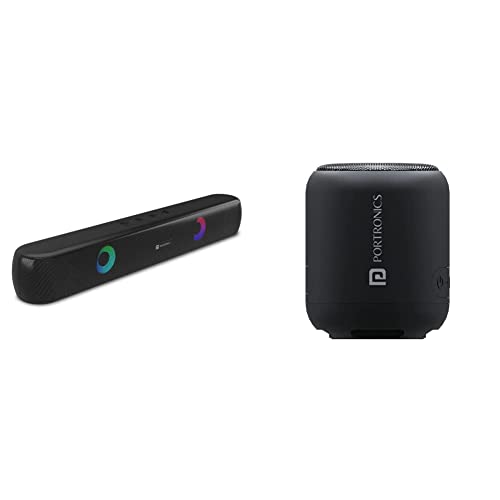 Image of Portronics Decibel 21 10W Wireless Bluetooth Soundbar with LED Lights & SoundDrum 1 10W TWS Portable Bluetooth 5.0 Speaker with Powerful Bass, Inbuilt-FM & Type C Charging Cable Included(Black)