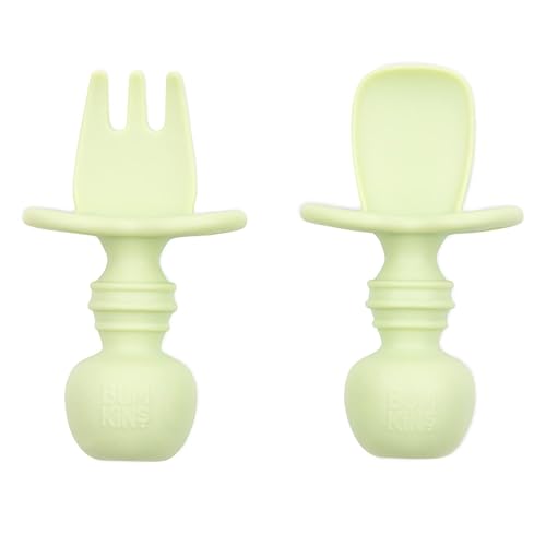 Bumkins Silicone Chewtensils, Training Utensils, Baby Led Weaning, 6 Months+, Spoon and Fork Pair - Sage Green