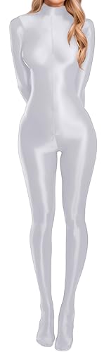 FEOYA Women's See Through Glossy One Piece Jumpsuit High Stretch Shiny Full Bodysuit Zipper Catsuit Unitard White