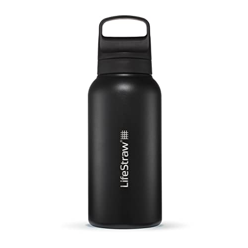 lifestraw go series — insulated stainless steel water filter bottle for travel and everyday use removes bacteria, parasites and microplastics, improves taste, 1l nordic noir