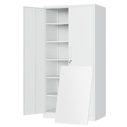 Yizosh Metal Storage Cabinet with Locking Doors and 5 Adjustable Shelves,- 72" Garage Storage White Steel Lockable File Cabinet for Office,Home,Garage