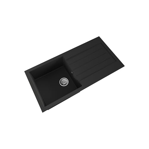 Balterley Composite Kitchen Sink with Drainer & Overflow Hole, 100cm Bowl Inset Black Kitchen Sink, Single Bowl Reversible Composite Sinks with Grooved Drainer - 1000 x 500 x 200mm (Dark Grey)