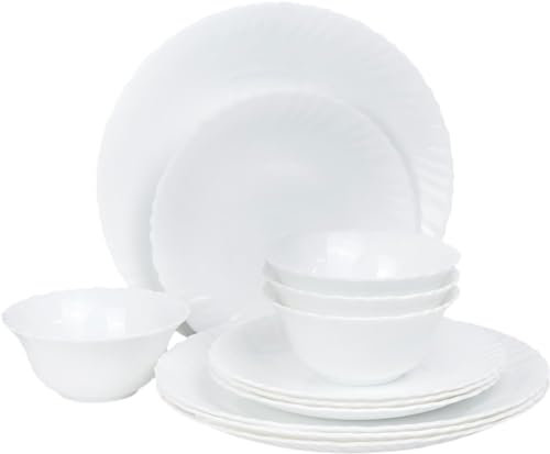 Cuisine Art Opalware Dining Collection Dinnerware - Exquisite White 12-Piece Set | 10" Dinner Plate x 4 | 7.5" Dessert Plate x 4 | 5" Bowl x 4