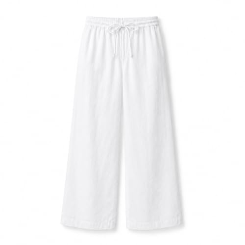 Image of Women Linen Wide Leg Pants High Waist Drawstring Elastic Waist Trousers Breathable Lightweight Summer Palazzo Pants Casual Travel Lounge Wear with Pockets