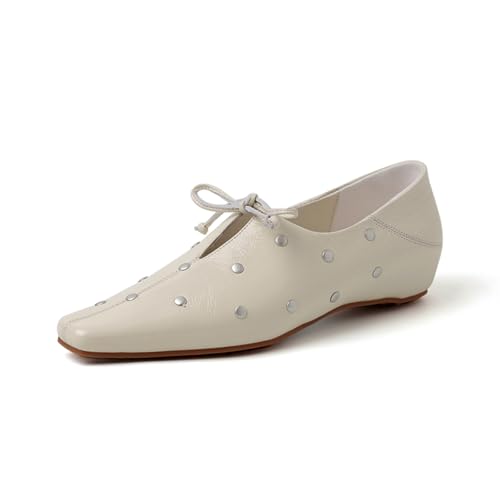 Women's Square Toe Lace Up Flats Mary Jane Pumps Fashion Rivet Slip On Business Casual Formal Work Office Dress Shoes