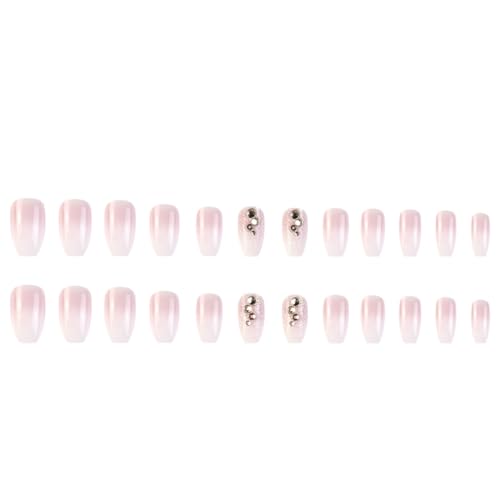 QEQSHQO 24 pièces Ongles Faux Français, Ongles Autocollants Carrés, Design Strass, pour Femmes et Filles (Carré, Rose, Brillant)